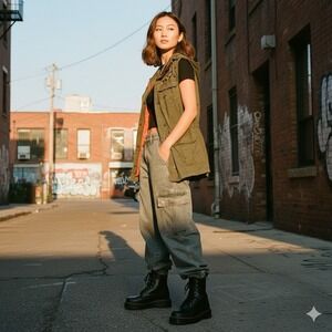 Love Tree Women's Military Utility Vest Olive Green Studded Hooded Gorpcore S